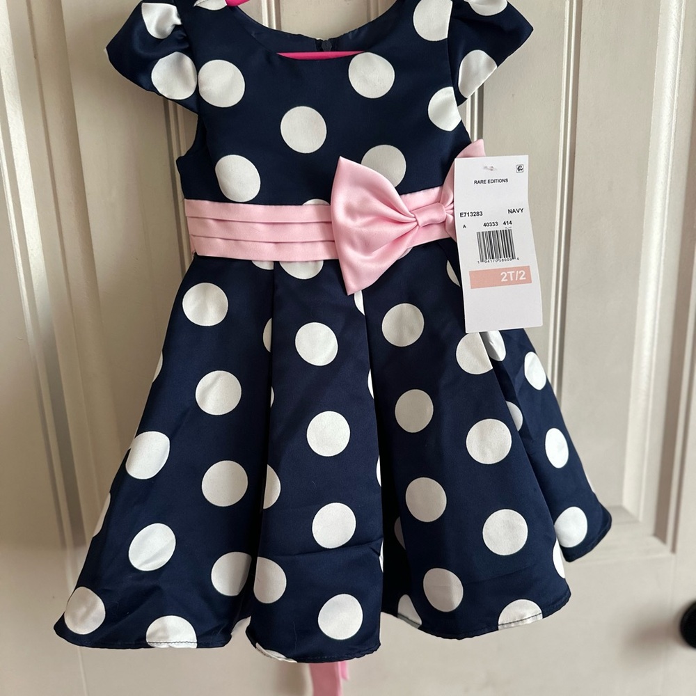 Rare Editions 2T Navy Polka Dot Dress with Pink Bow NWT